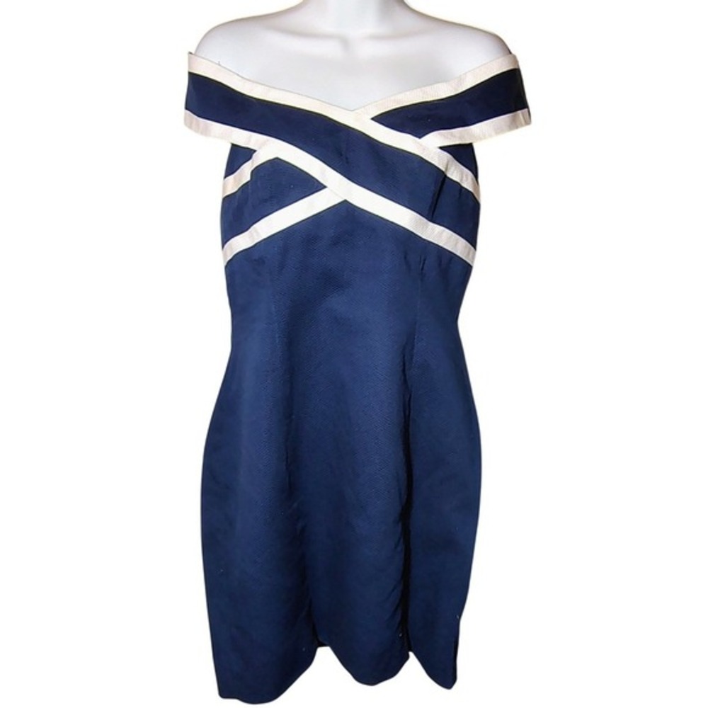 Linda Segal Womens SZ 10 Off Shoulder Dress Navy White Cotton Pique Nautical 90s